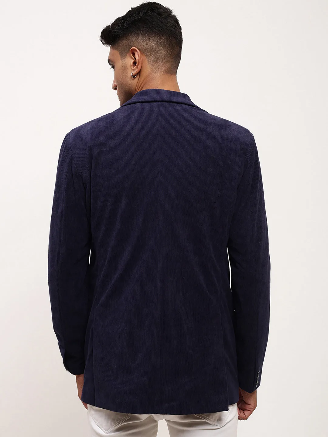 Men Navy Blue Solid Single Breasted Blazer