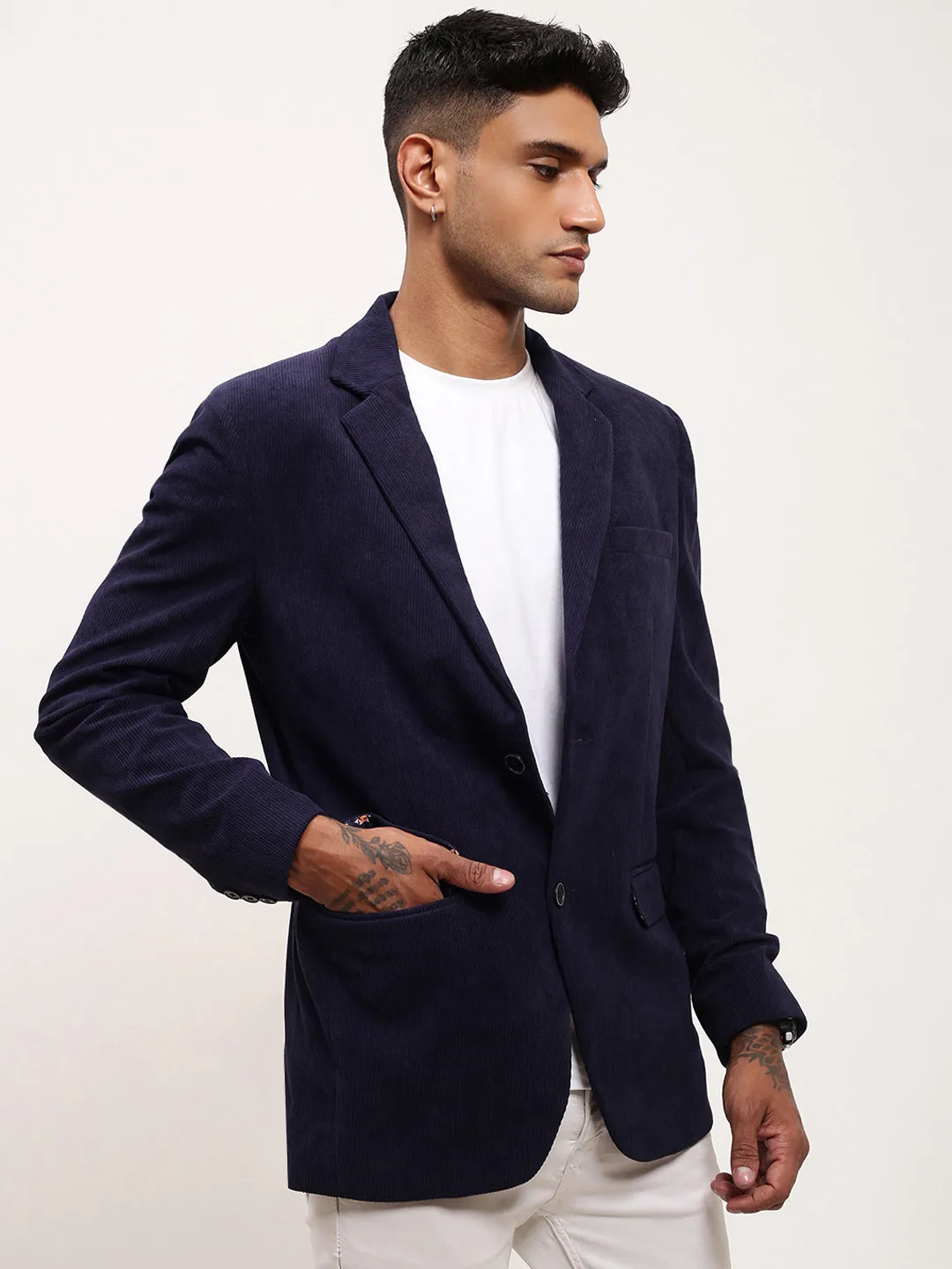 Men Navy Blue Solid Single Breasted Blazer