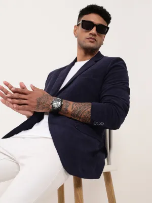 Men Navy Blue Solid Single Breasted Blazer
