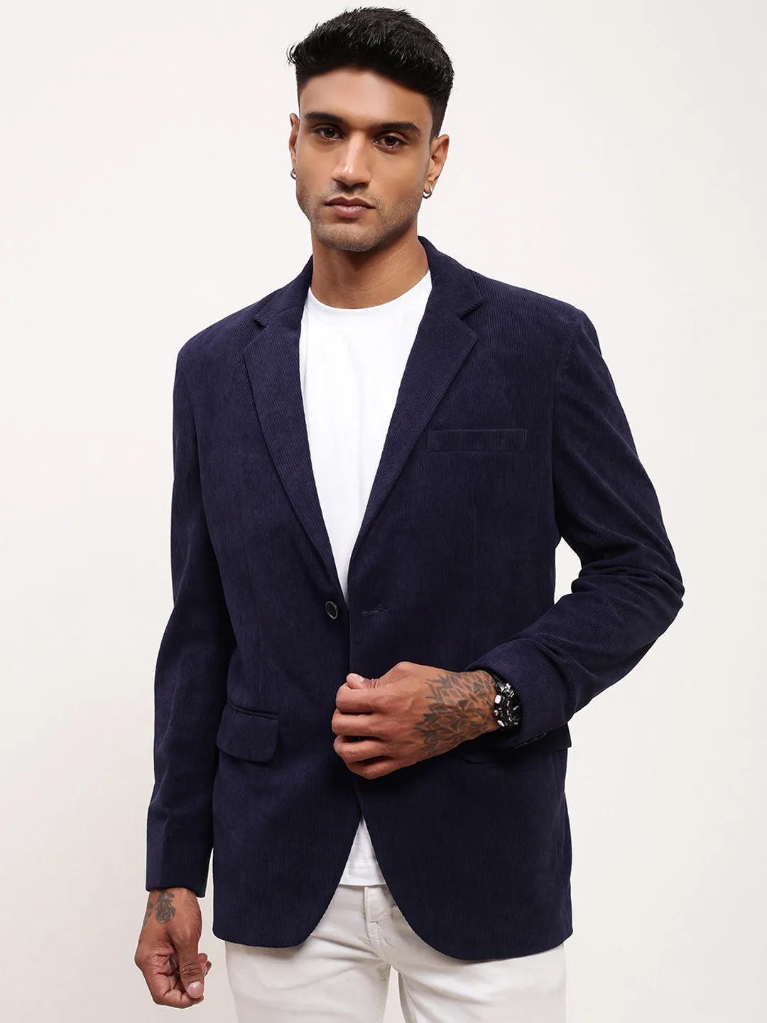 Men Navy Blue Solid Single Breasted Blazer