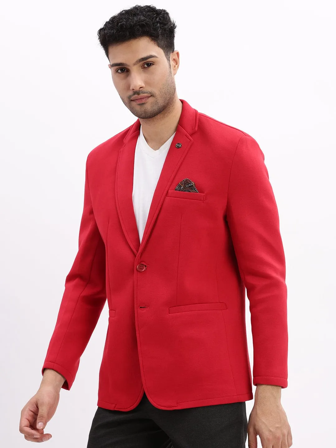 Men Red Single Breasted Notched Lapel Collar Casual Blazer