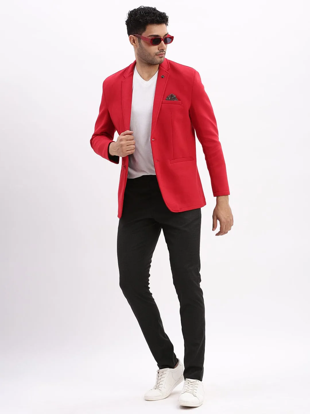Men Red Single Breasted Notched Lapel Collar Casual Blazer