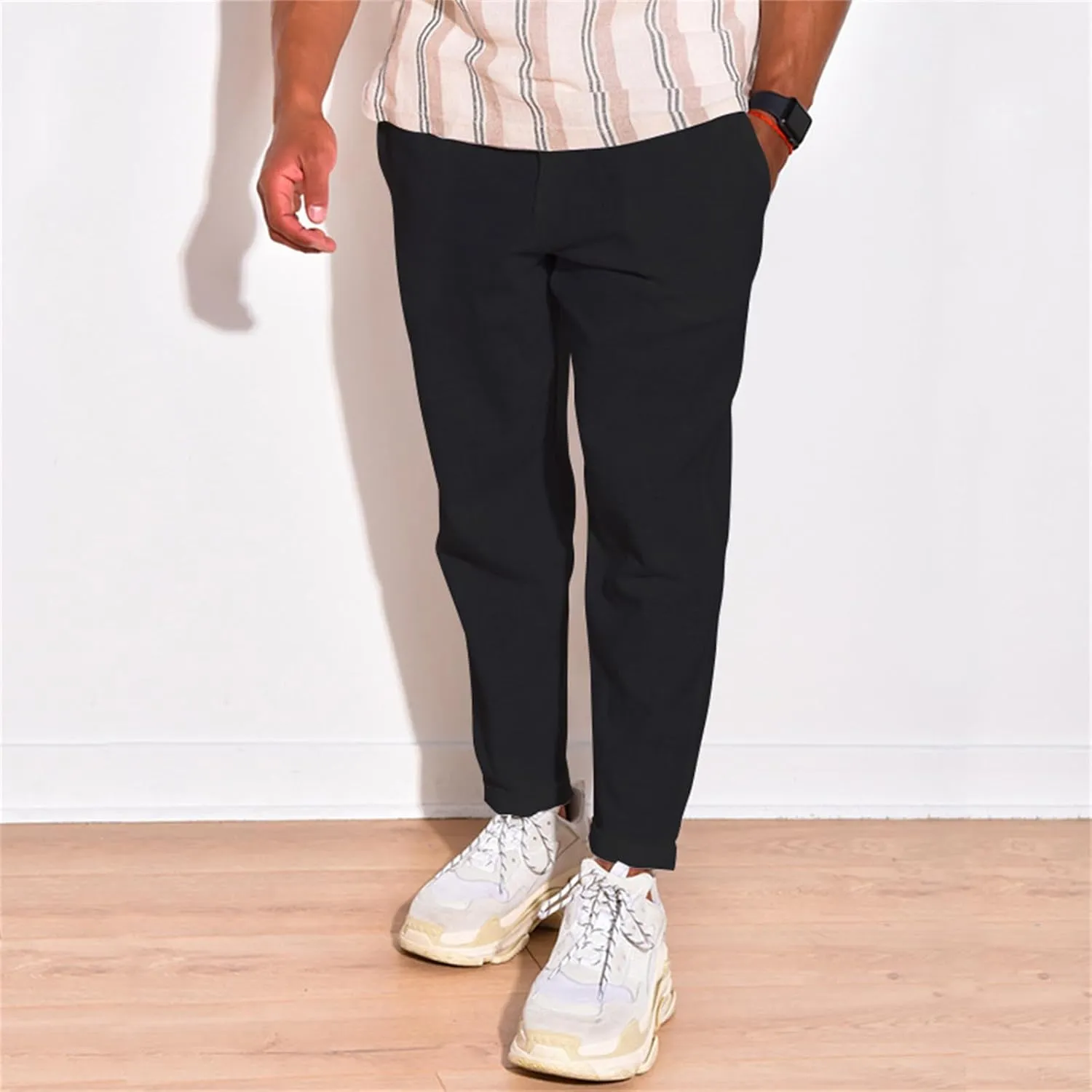Men's Linen Cotton Pants Casual Beach Trousers Fit Elastic Waist Joggers Drawstring Pants for All Season