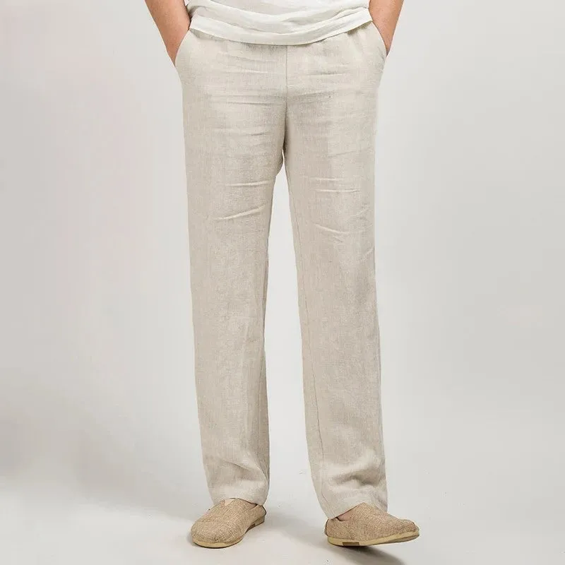 Mens Linen Trousers  Relaxed Straight Fit  Breathable Lightweight Full Length