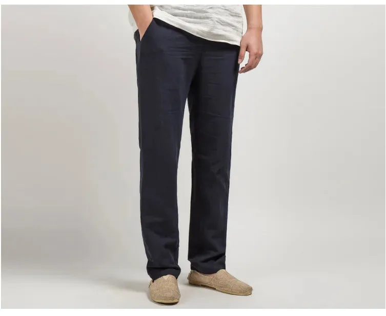 Mens Linen Trousers  Relaxed Straight Fit  Breathable Lightweight Full Length