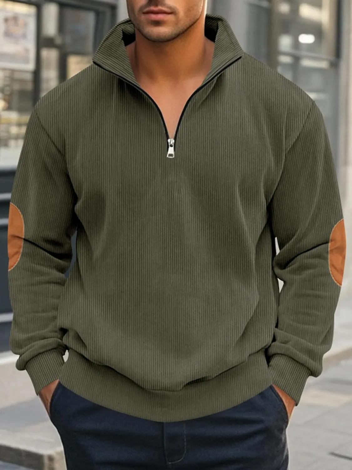 Men's Quarter Zipper Pullover Corduroy Crew Neck Sweatshirt Spring Autumn Casual Knit Long Sleeve Polo Shirt