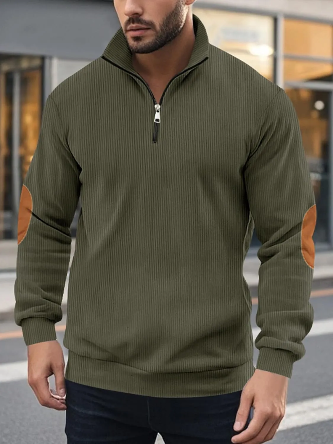 Men's Quarter Zipper Pullover Corduroy Crew Neck Sweatshirt Spring Autumn Casual Knit Long Sleeve Polo Shirt