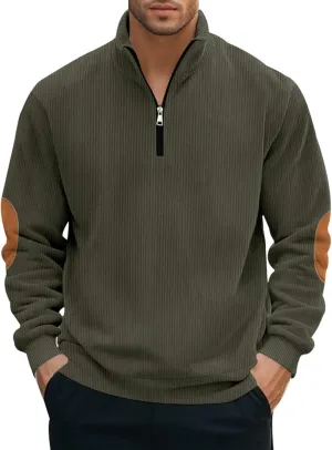Men's Quarter Zipper Pullover Corduroy Crew Neck Sweatshirt Spring Autumn Casual Knit Long Sleeve Polo Shirt