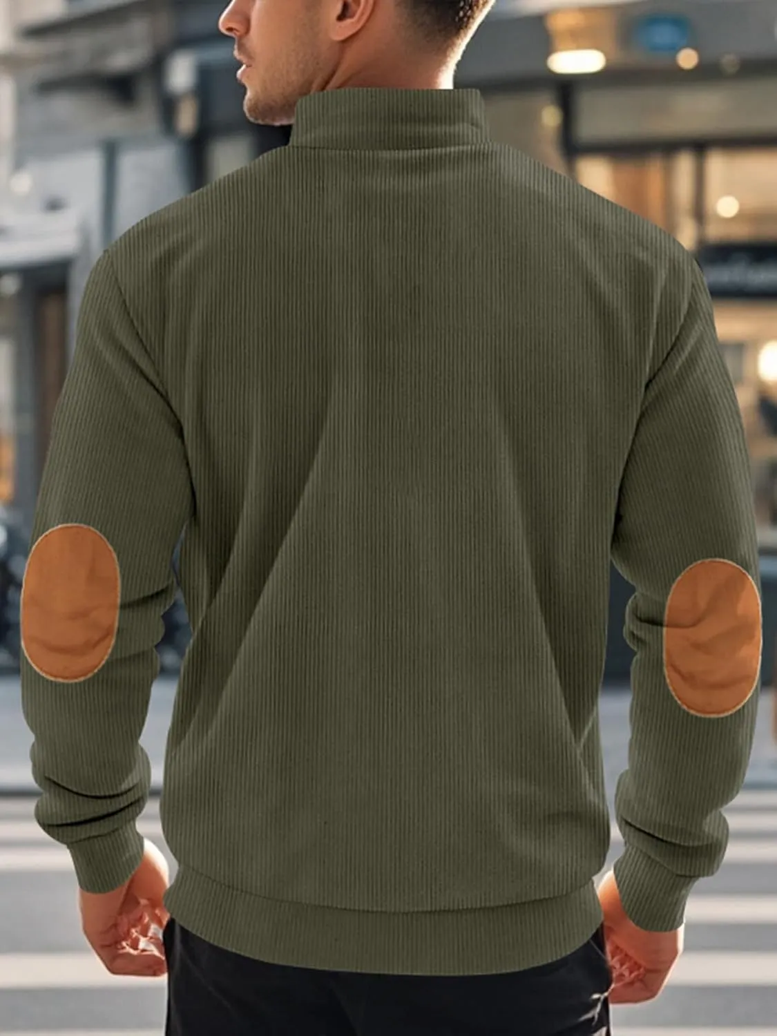 Men's Quarter Zipper Pullover Corduroy Crew Neck Sweatshirt Spring Autumn Casual Knit Long Sleeve Polo Shirt