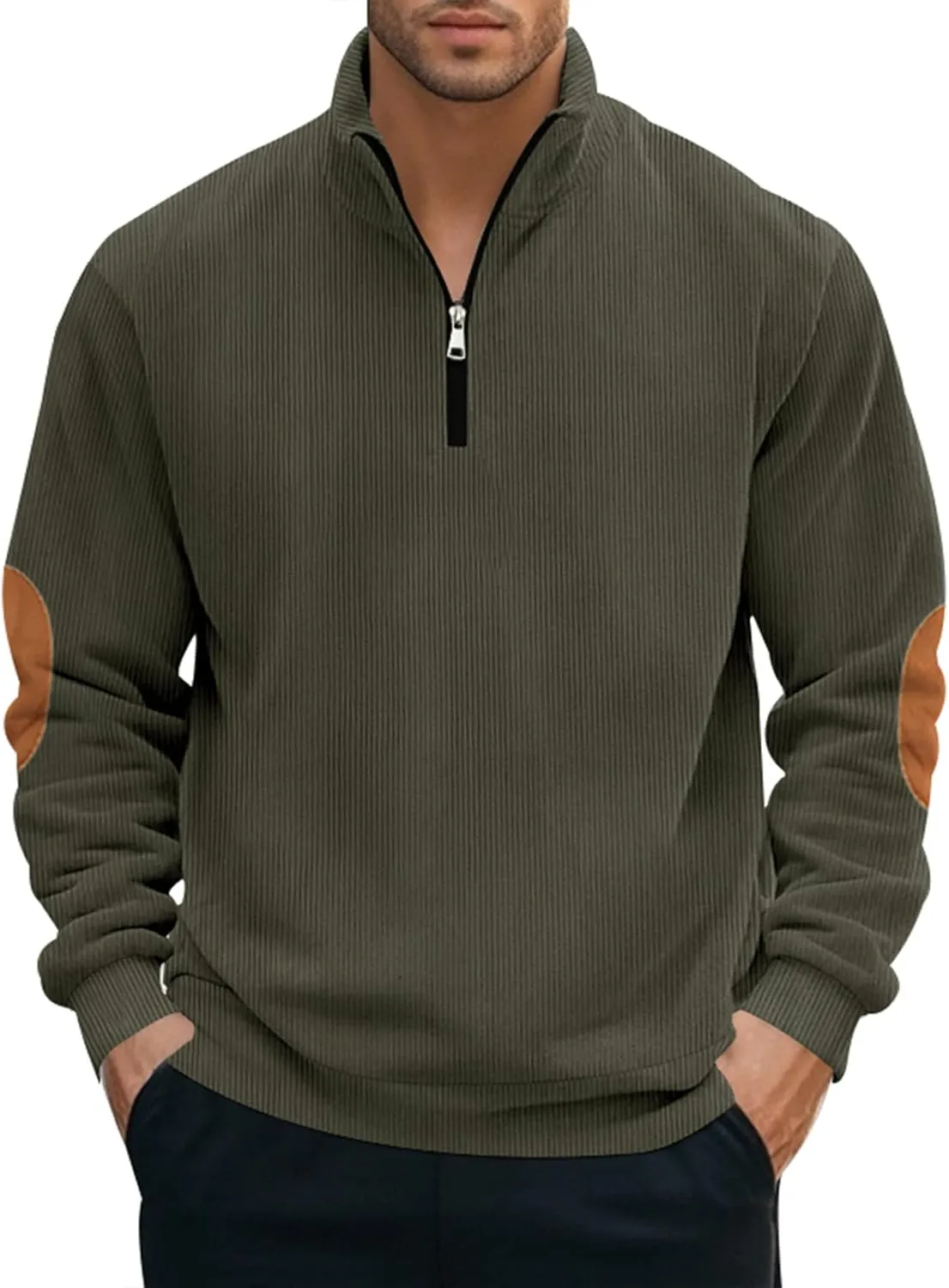 Men's Quarter Zipper Pullover Corduroy Crew Neck Sweatshirt Spring Autumn Casual Knit Long Sleeve Polo Shirt