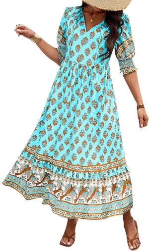 Mexican Dresses for Women 2024 V Neck Puff Sleeve Clothing Printed Stretchy Boho Trendy Dress Graphic Cami Travel