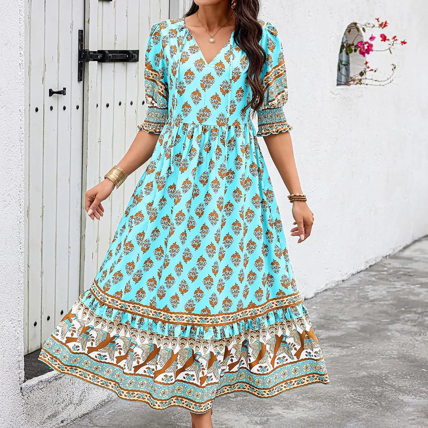 Mexican Dresses for Women 2024 V Neck Puff Sleeve Clothing Printed Stretchy Boho Trendy Dress Graphic Cami Travel