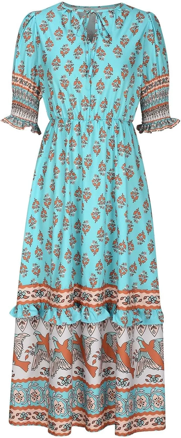 Mexican Dresses for Women 2024 V Neck Puff Sleeve Clothing Printed Stretchy Boho Trendy Dress Graphic Cami Travel