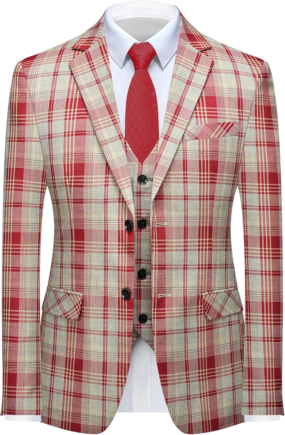 MOGU Mens 3-Piece Slim Fit Plaid Suit - Blazer, Vest, and Pants Set for Wedding Prom Casual