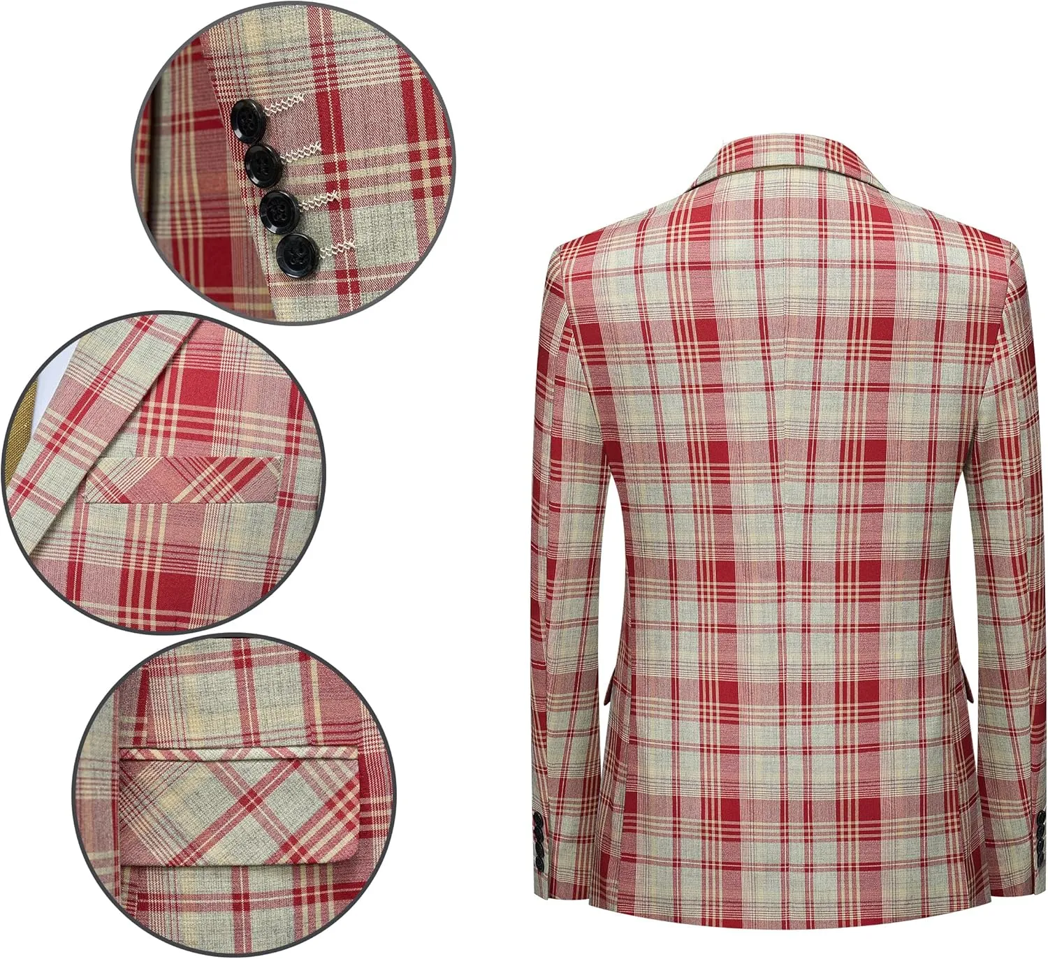 MOGU Mens 3-Piece Slim Fit Plaid Suit - Blazer, Vest, and Pants Set for Wedding Prom Casual