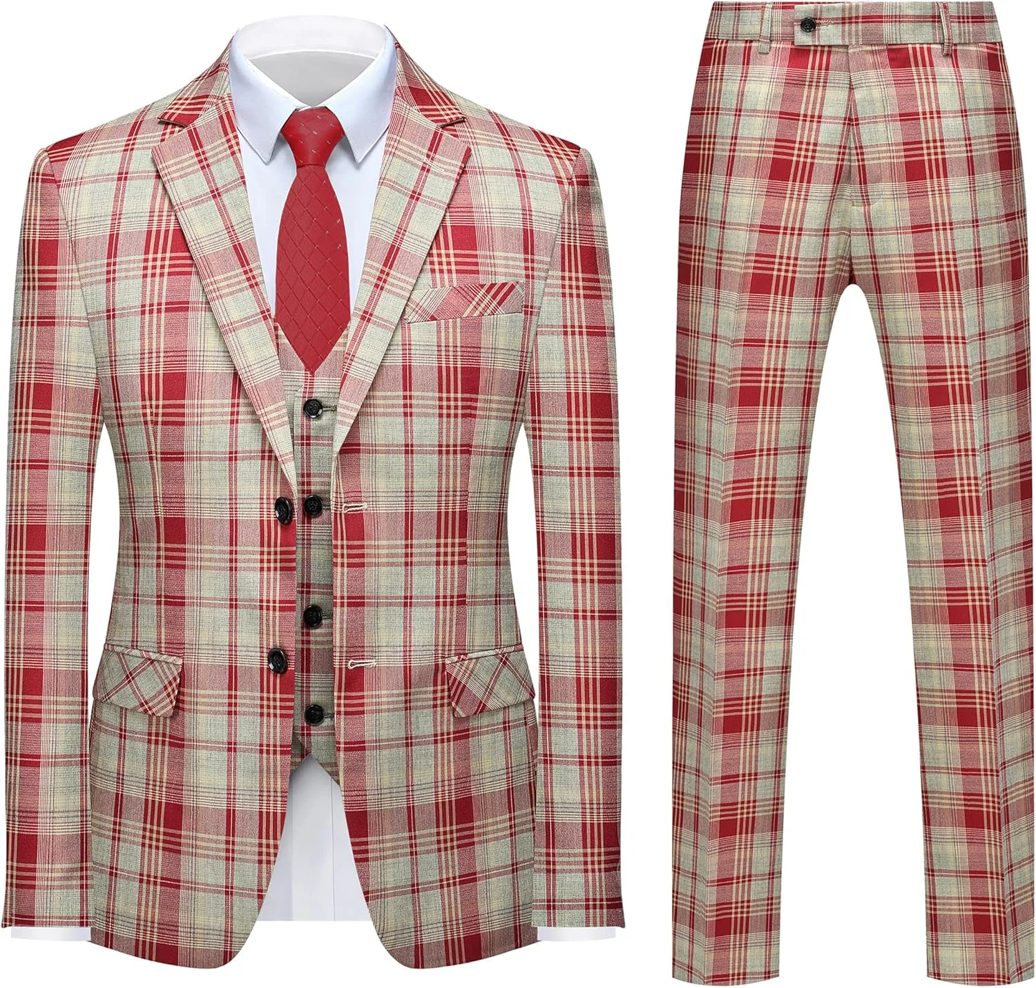 MOGU Mens 3-Piece Slim Fit Plaid Suit - Blazer, Vest, and Pants Set for Wedding Prom Casual