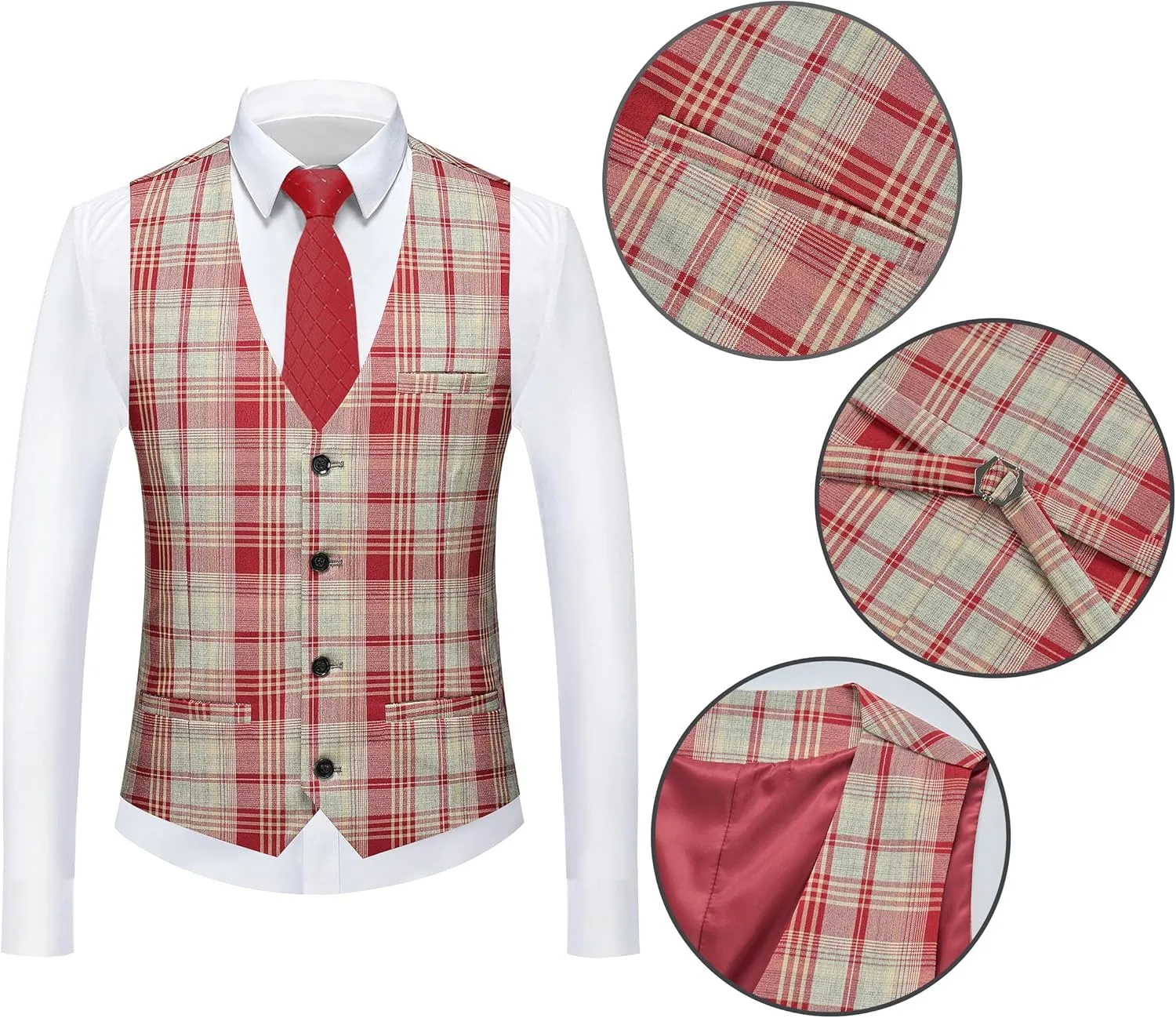 MOGU Mens 3-Piece Slim Fit Plaid Suit - Blazer, Vest, and Pants Set for Wedding Prom Casual