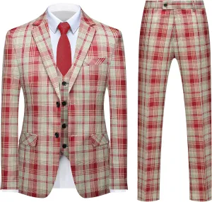 MOGU Mens 3-Piece Slim Fit Plaid Suit - Blazer, Vest, and Pants Set for Wedding Prom Casual