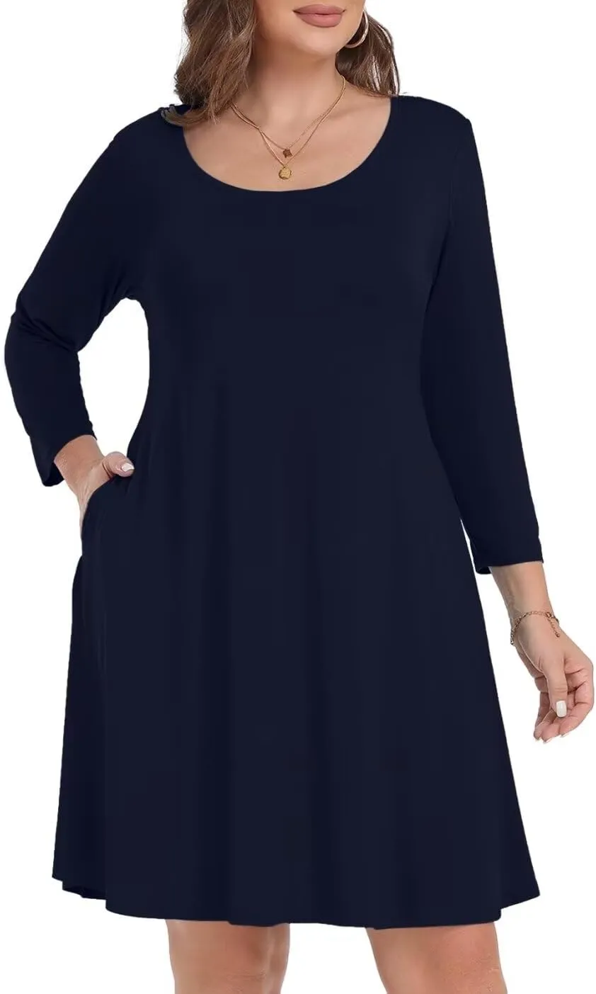 MONNURO Women's Plus Size Fall Dresses 3/4 Sleeve Casual Loose Fit Swing T-Shirt Dress with Pockets