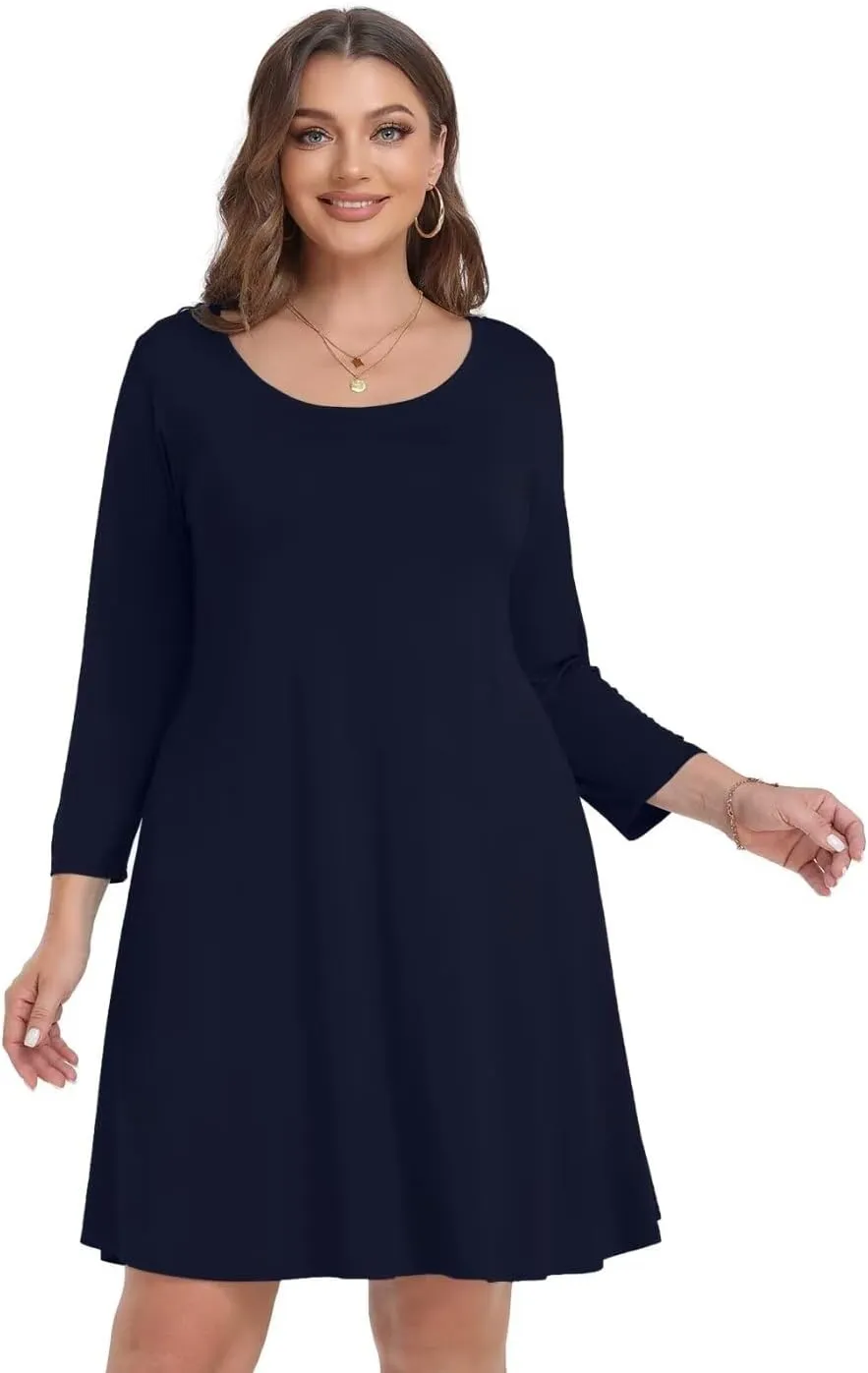 MONNURO Women's Plus Size Fall Dresses 3/4 Sleeve Casual Loose Fit Swing T-Shirt Dress with Pockets
