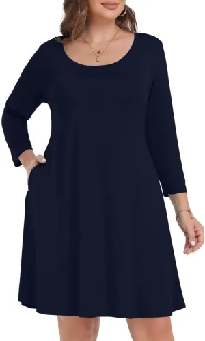 MONNURO Women's Plus Size Fall Dresses 3/4 Sleeve Casual Loose Fit Swing T-Shirt Dress with Pockets