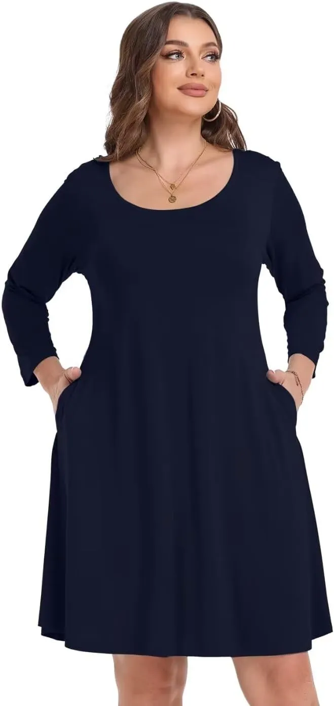 MONNURO Women's Plus Size Fall Dresses 3/4 Sleeve Casual Loose Fit Swing T-Shirt Dress with Pockets