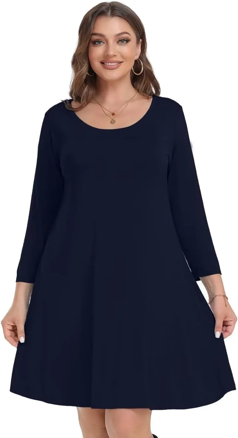 MONNURO Women's Plus Size Fall Dresses 3/4 Sleeve Casual Loose Fit Swing T-Shirt Dress with Pockets