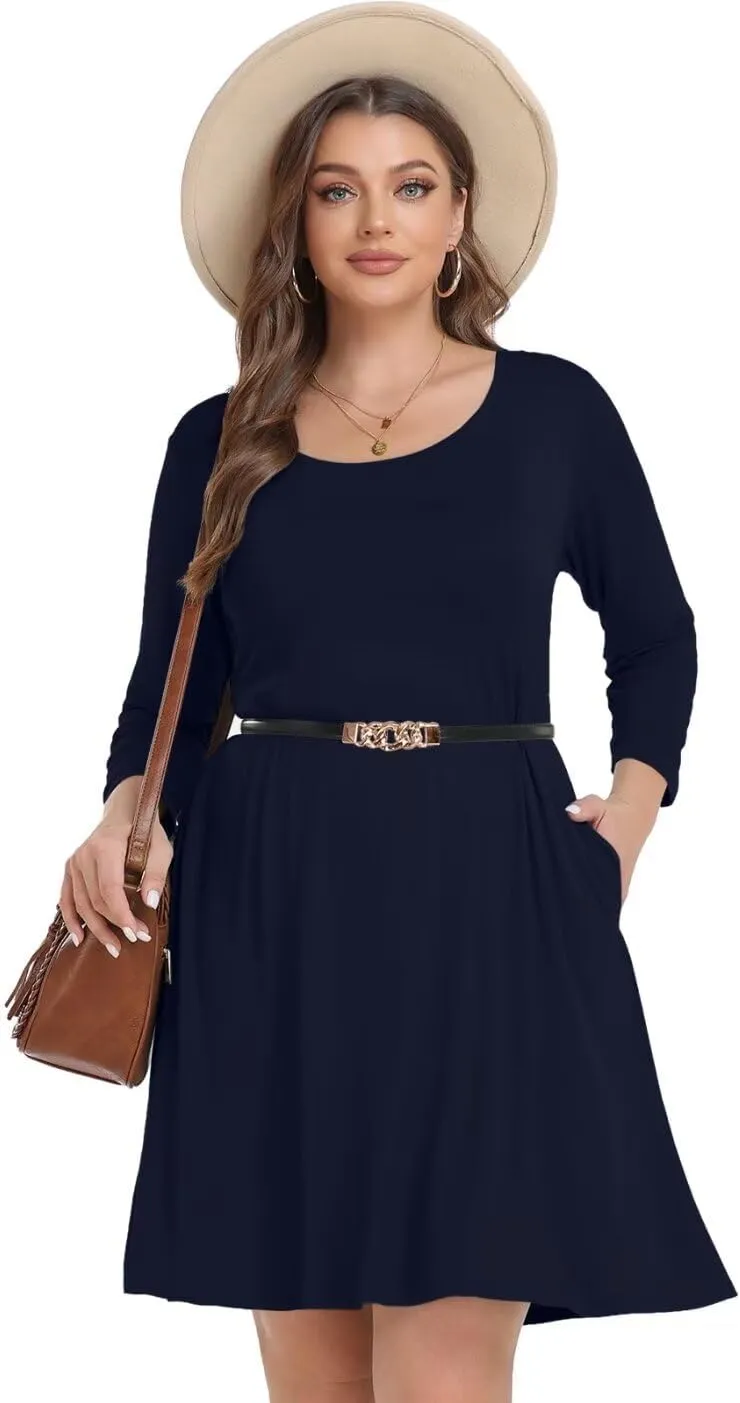 MONNURO Women's Plus Size Fall Dresses 3/4 Sleeve Casual Loose Fit Swing T-Shirt Dress with Pockets