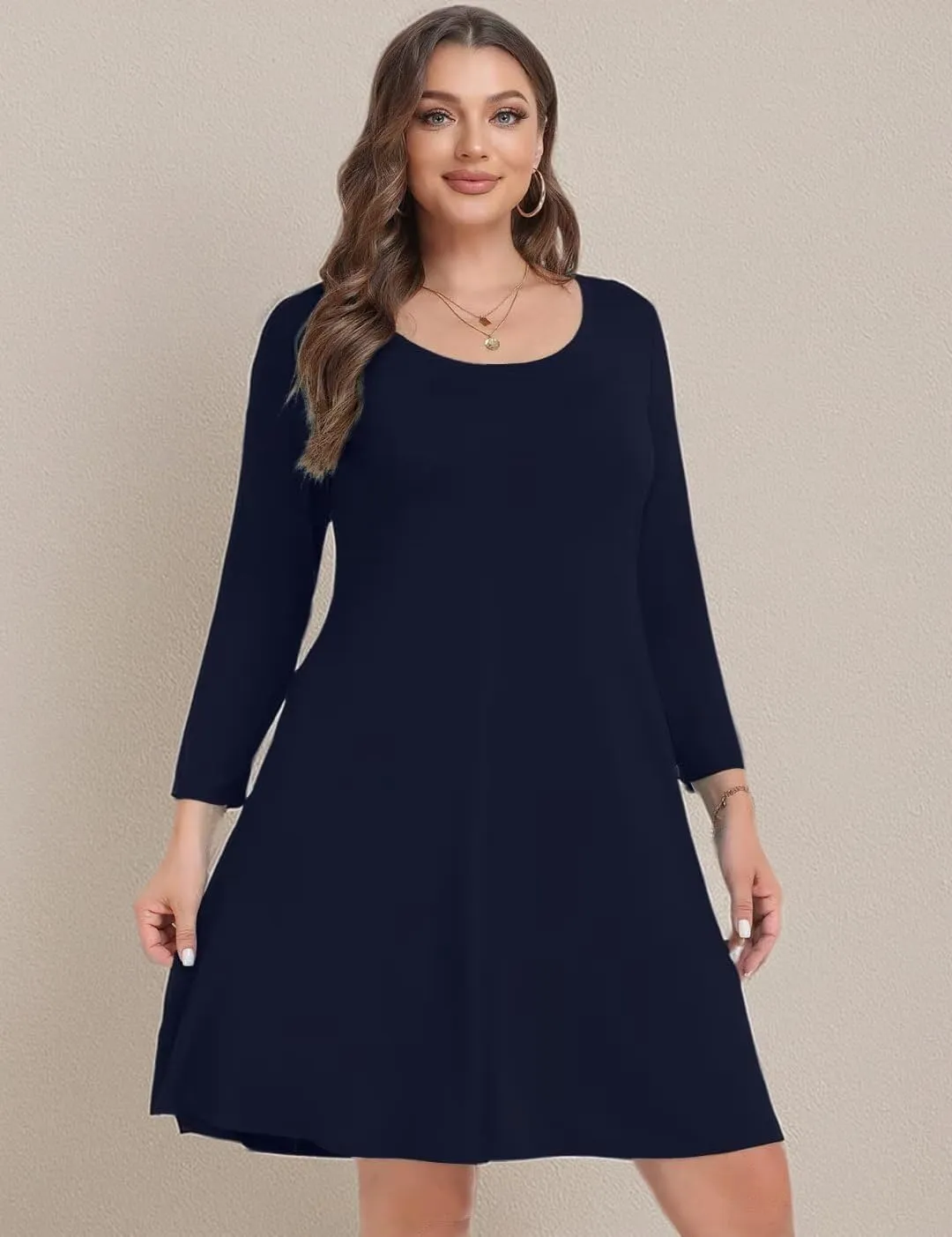 MONNURO Women's Plus Size Fall Dresses 3/4 Sleeve Casual Loose Fit Swing T-Shirt Dress with Pockets