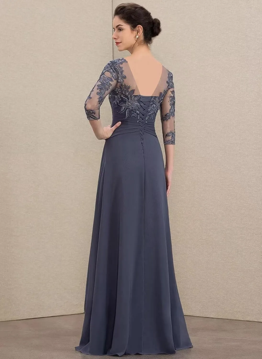 Monvelli Lace Appliques Mother of The Bride Dresses with Pockets 3/4 Sleeve Ruffle Pleated Long Formal Evening Gowns