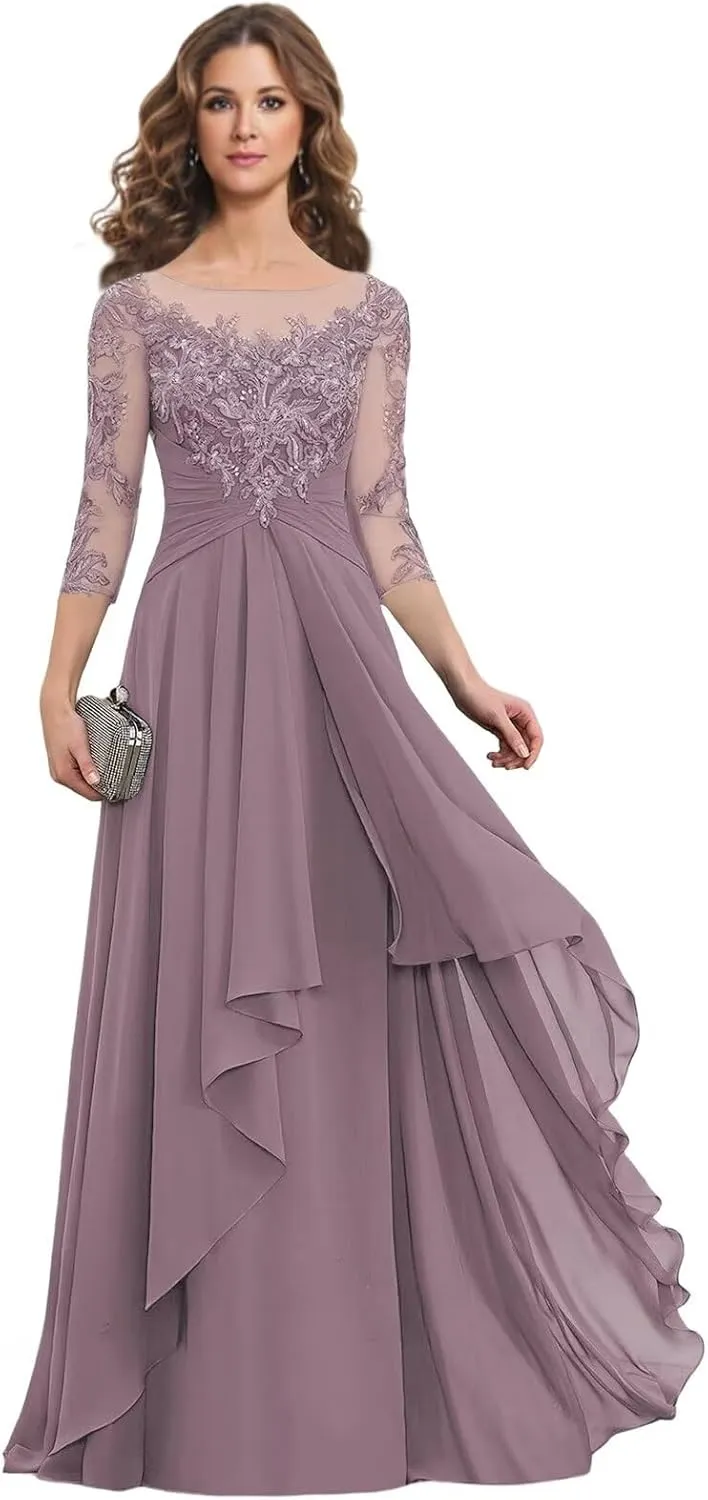 Monvelli Lace Appliques Mother of The Bride Dresses with Pockets 3/4 Sleeve Ruffle Pleated Long Formal Evening Gowns