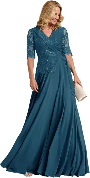 Mother of The Bride Dress Lace Appliques Long Sleeve Formal Evening Gowns Chiffon Long Formal Dress