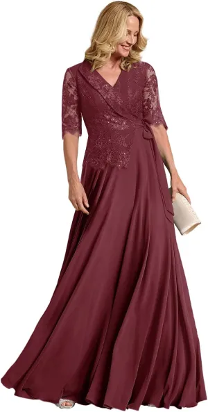 Mother of The Bride Dress Lace Appliques Long Sleeve Formal Evening Gowns Chiffon Long Formal Dress