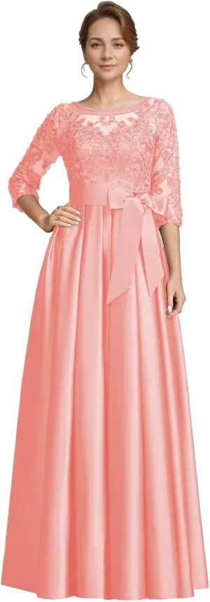 Mother of The Bride Dresses for Wedding 3/4 Sleeve Satin Lace Applique Long Formal Evening Gown with Pockets