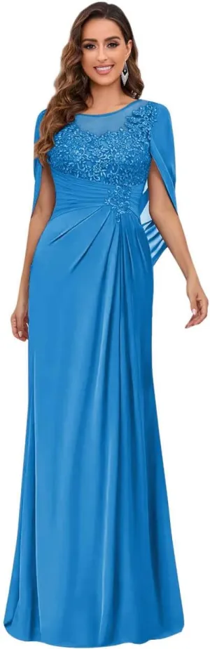 Mother of The Bride Dresses for Wedding Scoop Neck Fitted Beautiful Lace Chiffon Formal Dress with Shawl