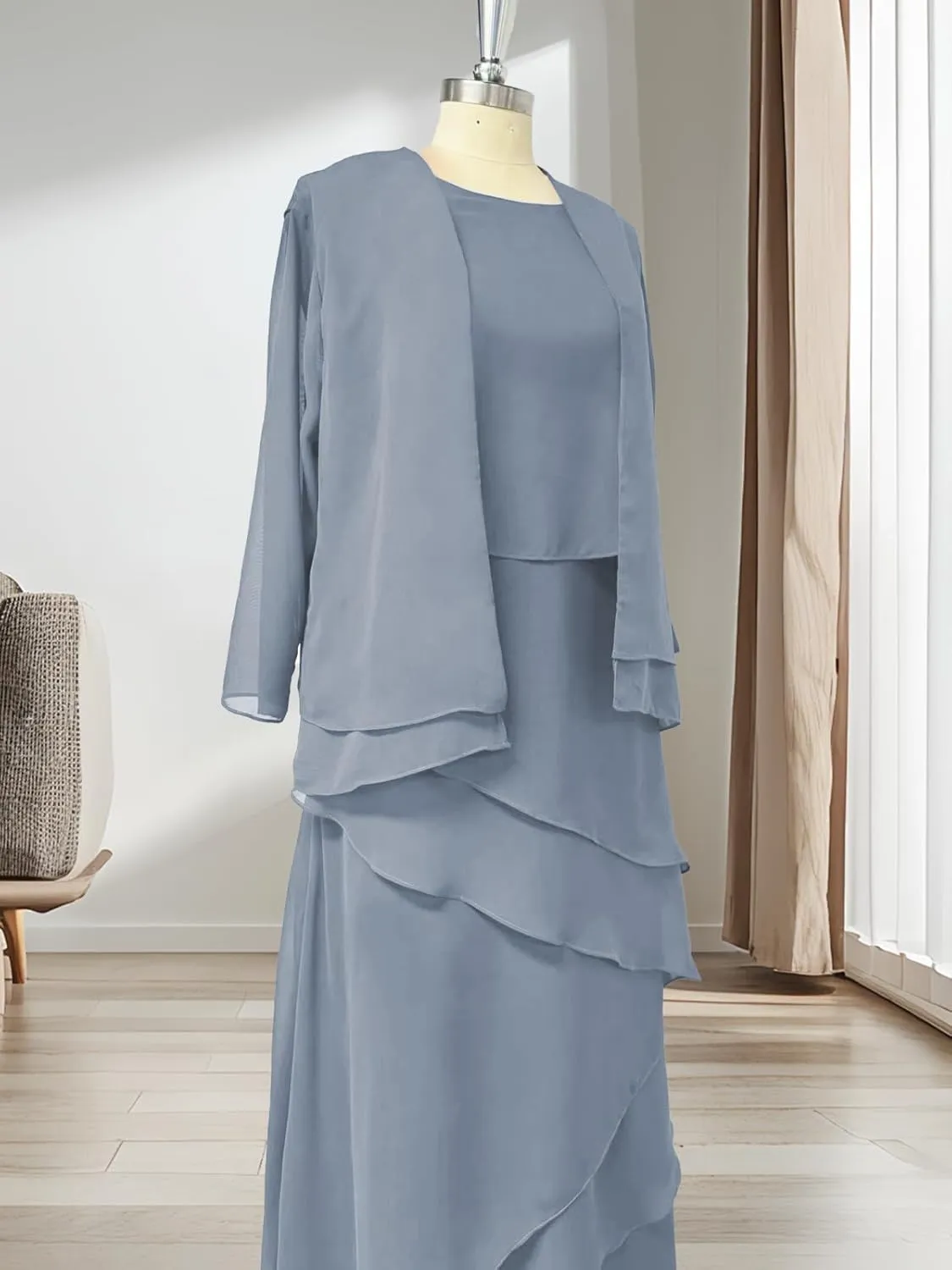 Mother of The Bride Dresses for Women Chiffon Wedding Guest Dress 3/4 Sleeve Ruffle Mother of The Groom Dress