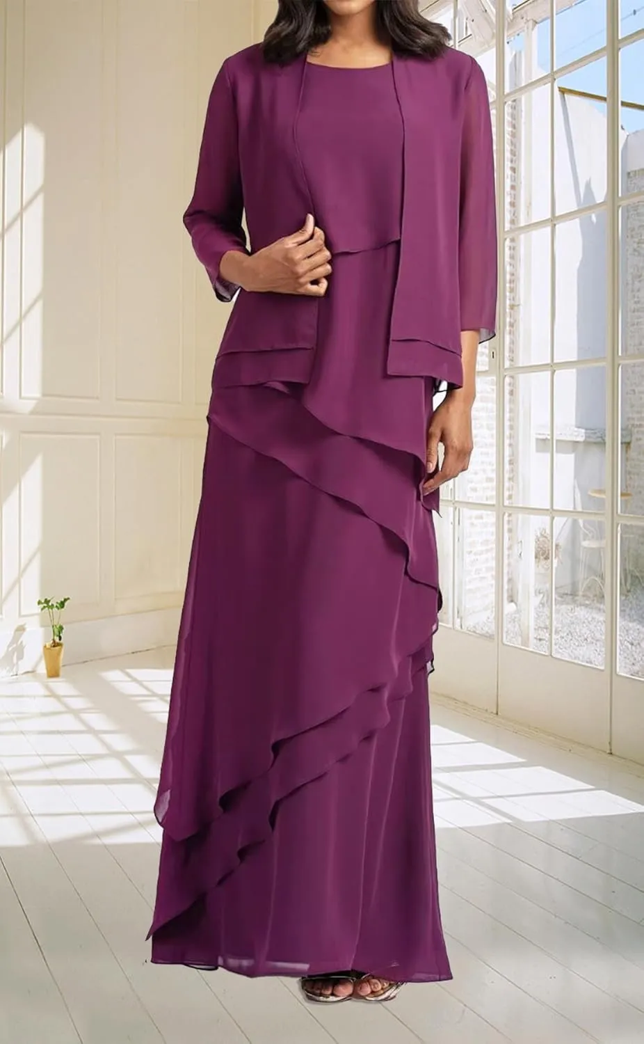Mother of The Bride Dresses for Women Chiffon Wedding Guest Dress 3/4 Sleeve Ruffle Mother of The Groom Dress