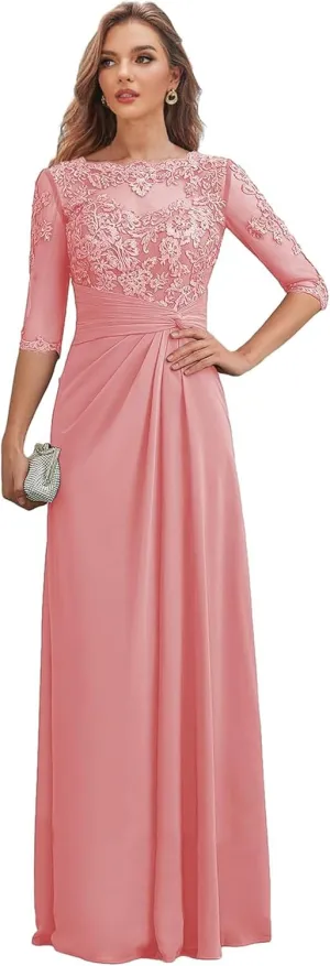 Mother-of-The-Bride-Dresses Long Chiffon - Lace Scoop Wedding Guest Dress Pleated Ruched Formal Evening Gowns