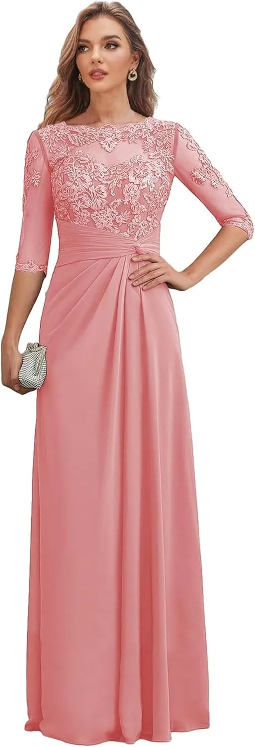Mother-of-The-Bride-Dresses Long Chiffon - Lace Scoop Wedding Guest Dress Pleated Ruched Formal Evening Gowns