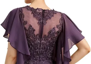 Mother-of-The-Bride-Dresses Ruffle Sleeves - Chiffon Formal Dresses Lace Applique Evening Gowns