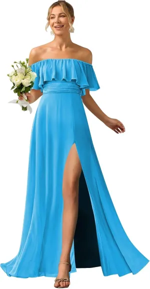 MYDRESS Off The Shoulder Bridesmaid Dresses with Slit A Line Chiffon Long Formal Evening Dress