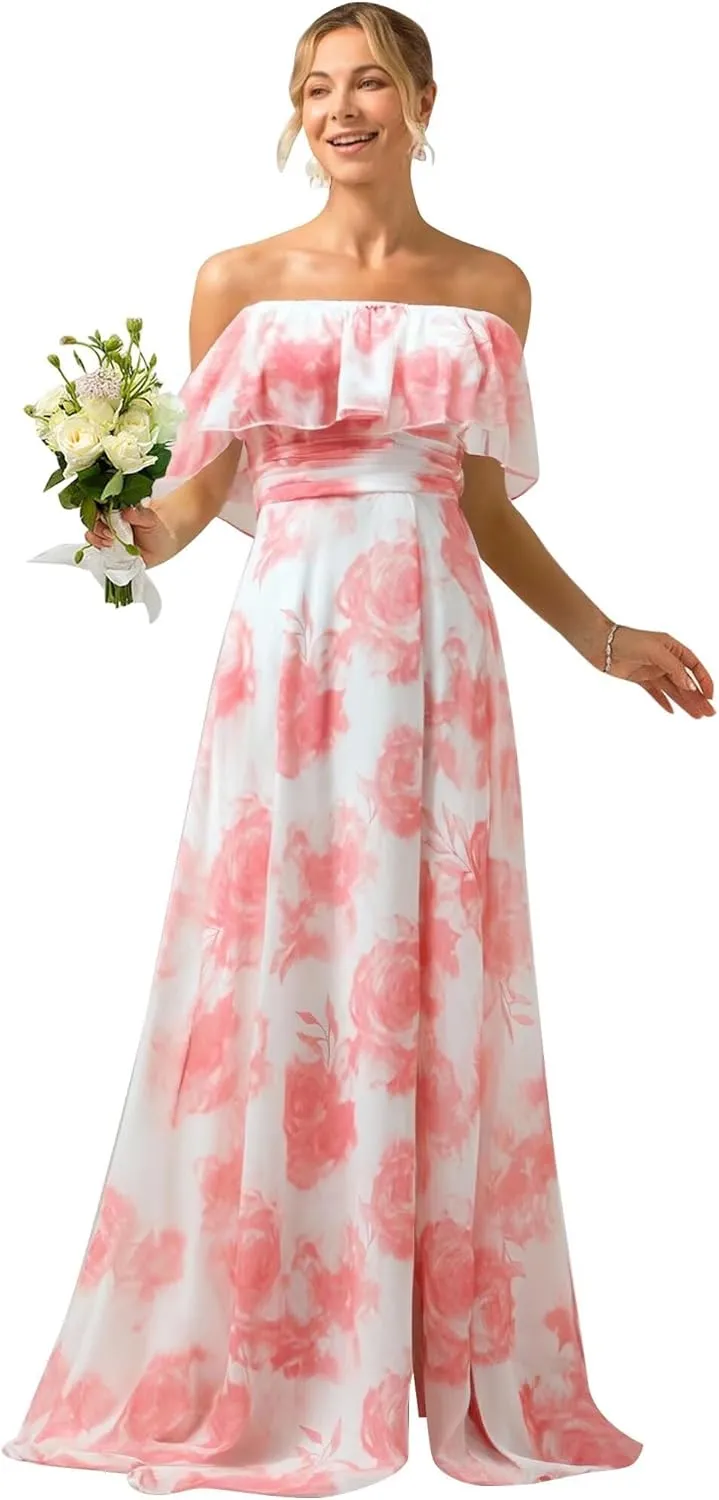 MYDRESS Off The Shoulder Bridesmaid Dresses with Slit A Line Chiffon Long Formal Evening Dress