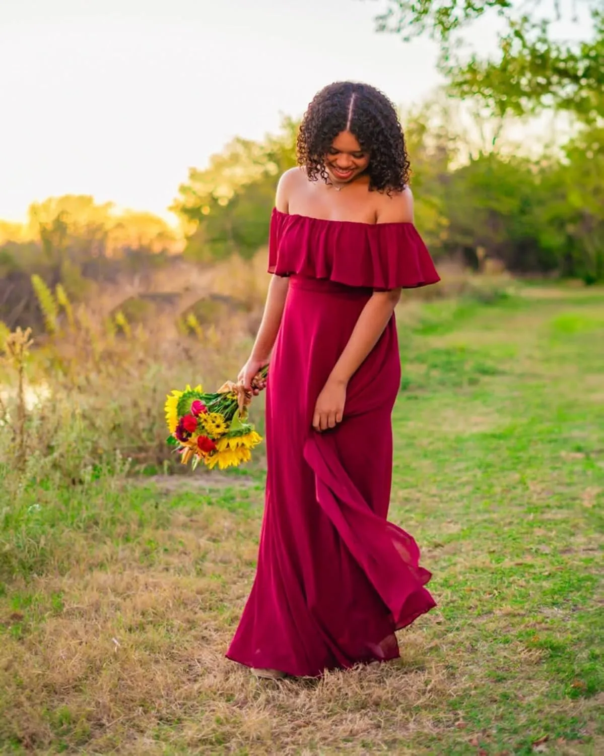 MYDRESS Off The Shoulder Bridesmaid Dresses with Slit A Line Chiffon Long Formal Evening Dress