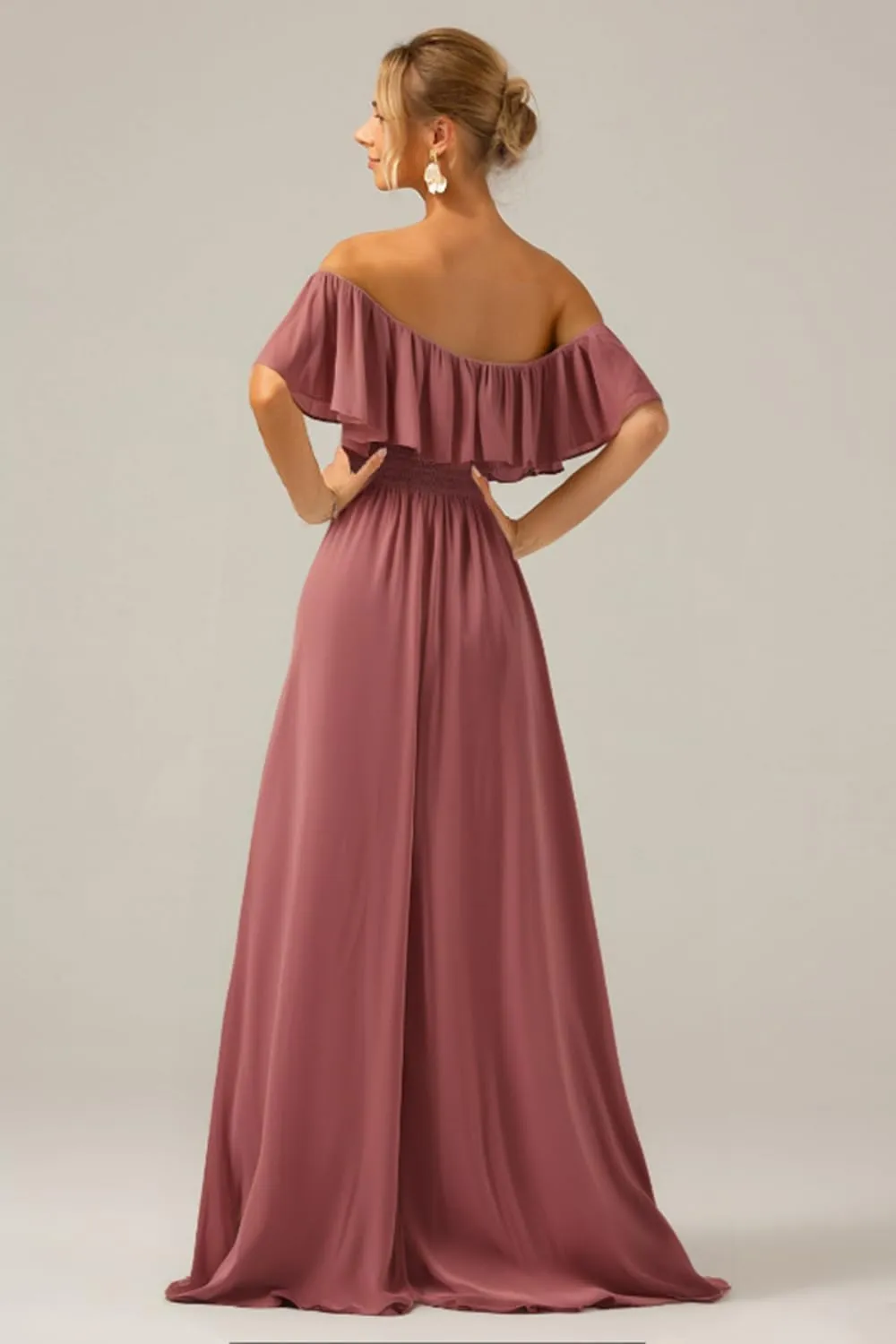MYDRESS Off The Shoulder Bridesmaid Dresses with Slit A Line Chiffon Long Formal Evening Dress