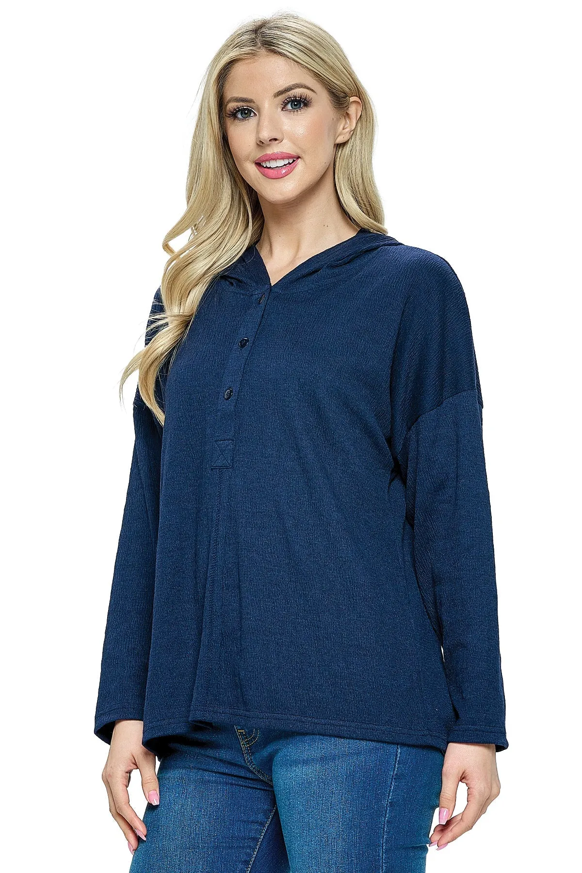 Navy Pullover Top Hoodie Textured Loose Fit