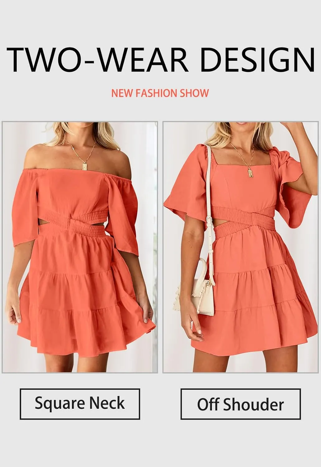 OWNGIGI Women's Summer Dresses Square Neck Short Sleeve Cutout Crossover Elastic Waist Casual Party A-Line Mini Dress