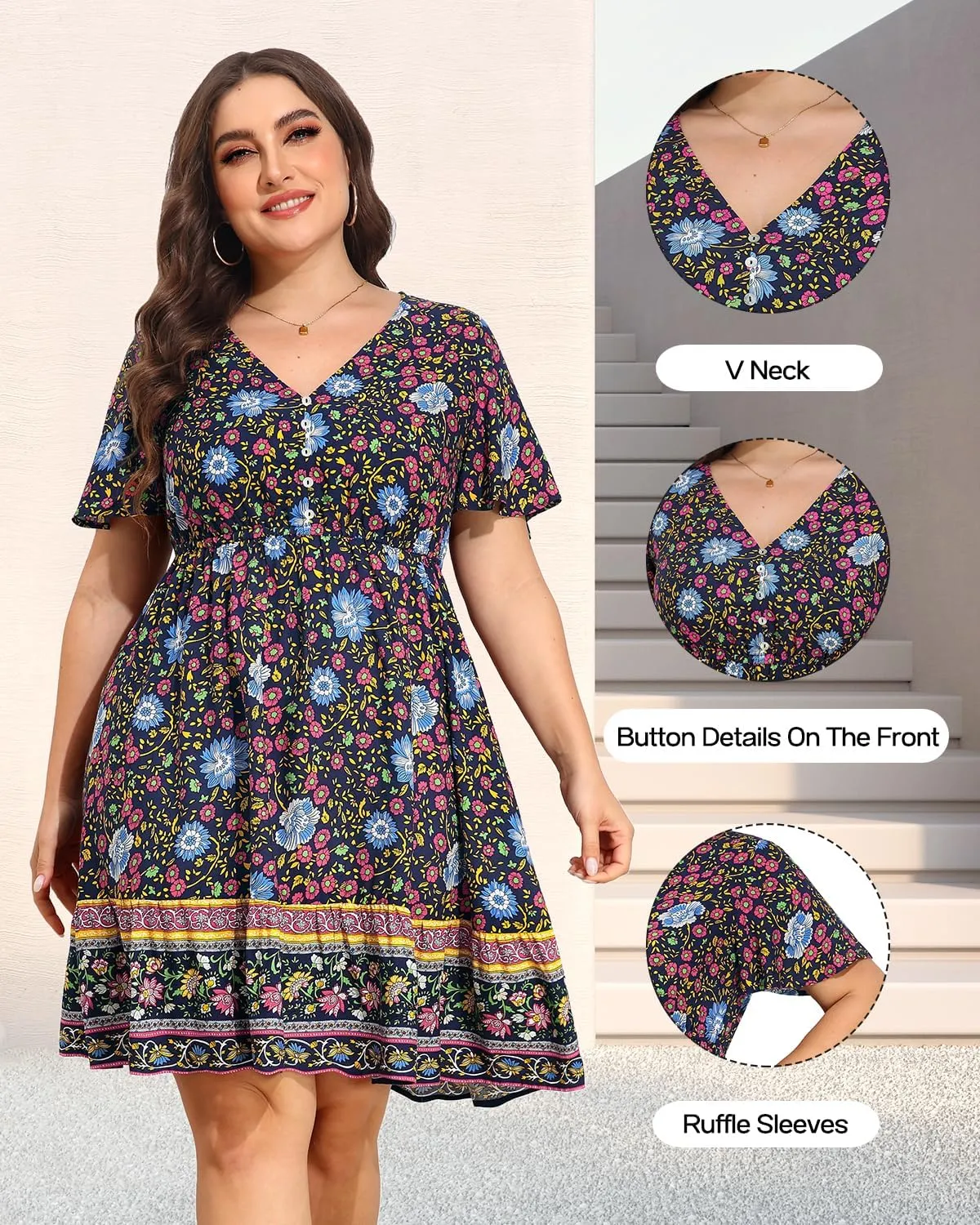 Pinup Fashion Women's Plus Size Boho Button Front Ruffle Dresses Short Sleeve Knee Length Summer Casual Swing Dress