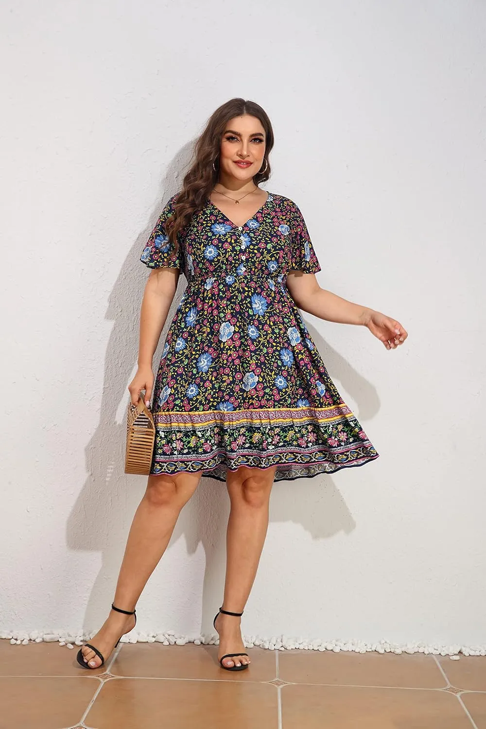 Pinup Fashion Women's Plus Size Boho Button Front Ruffle Dresses Short Sleeve Knee Length Summer Casual Swing Dress