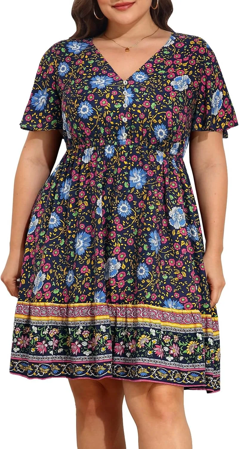Pinup Fashion Women's Plus Size Boho Button Front Ruffle Dresses Short Sleeve Knee Length Summer Casual Swing Dress