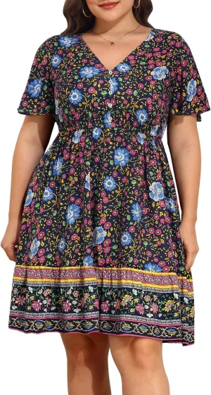 Pinup Fashion Women's Plus Size Boho Button Front Ruffle Dresses Short Sleeve Knee Length Summer Casual Swing Dress